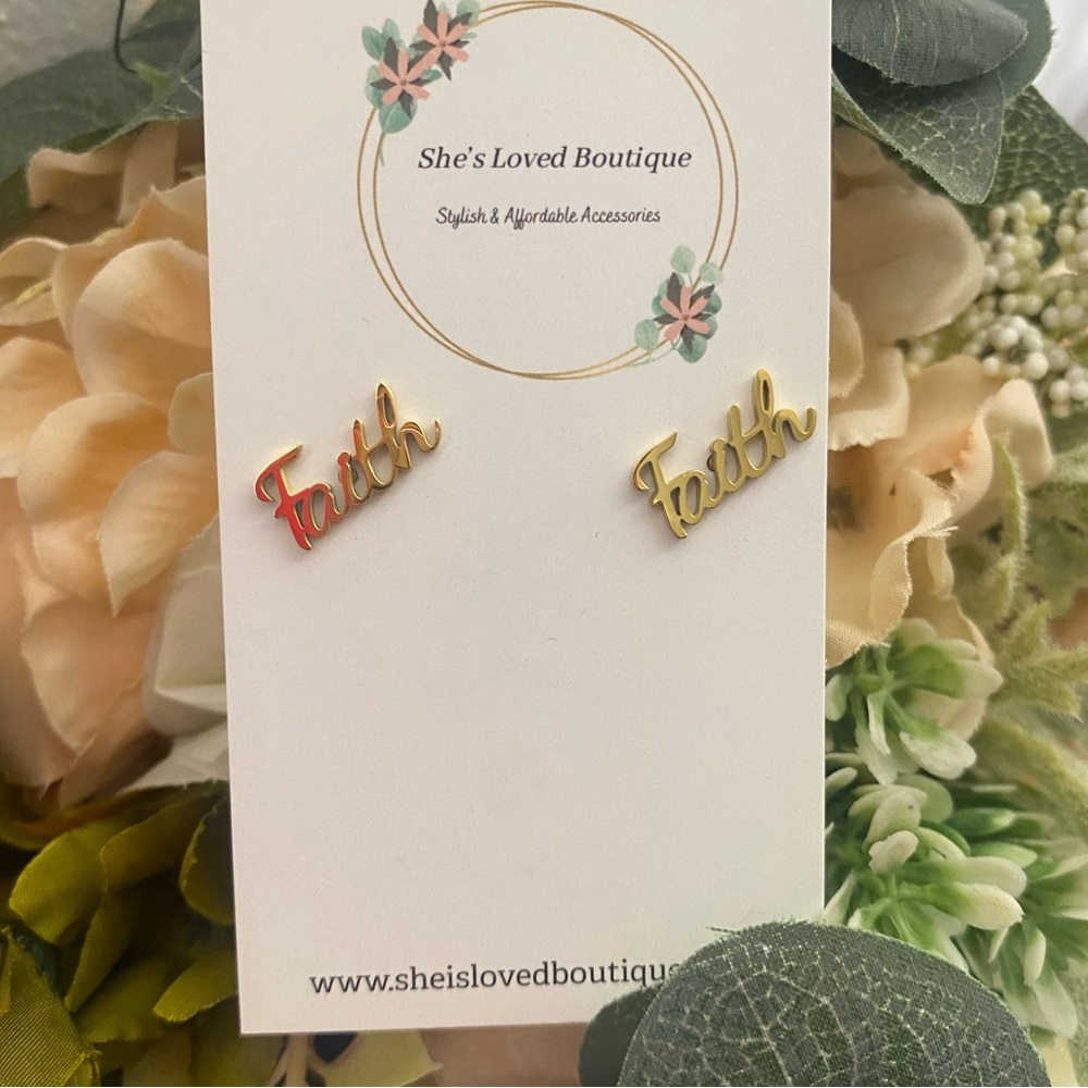 NWT 18K Gold Plated Stainless Steel FAITH Stud Earrings